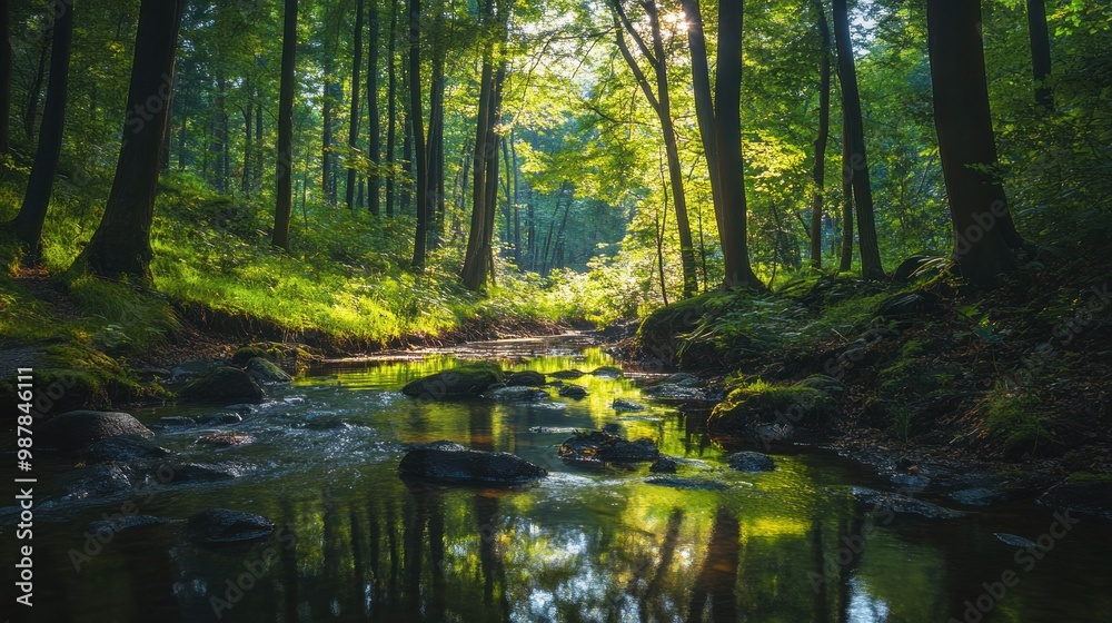 Obraz premium Sunlit Stream Flowing Through a Dense Forest