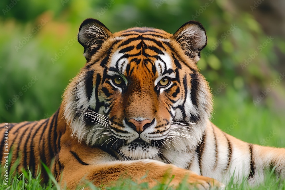 Closeup portrait of a majestic tiger resting in the grass Closeup portrait of a majestic tiger resting in the grass