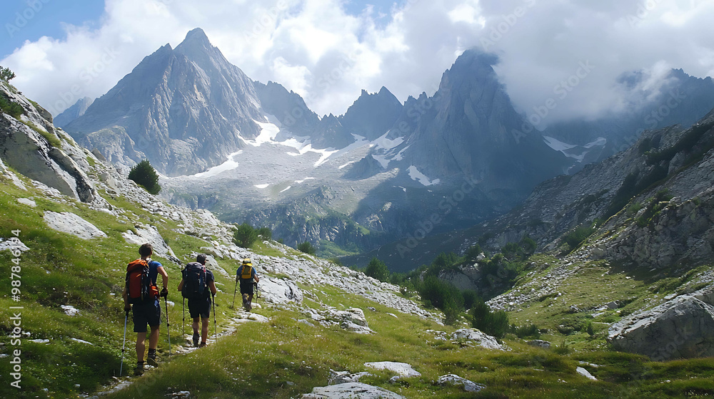 A group of hikers walking up a mountain trail. A group of hikers walking up a mountain trail.