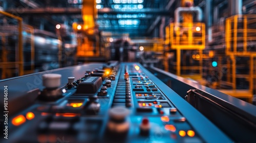 A close-up of an industrial control panel with various lit buttons and knobs in the foreground. The background features an array of industrial machinery.