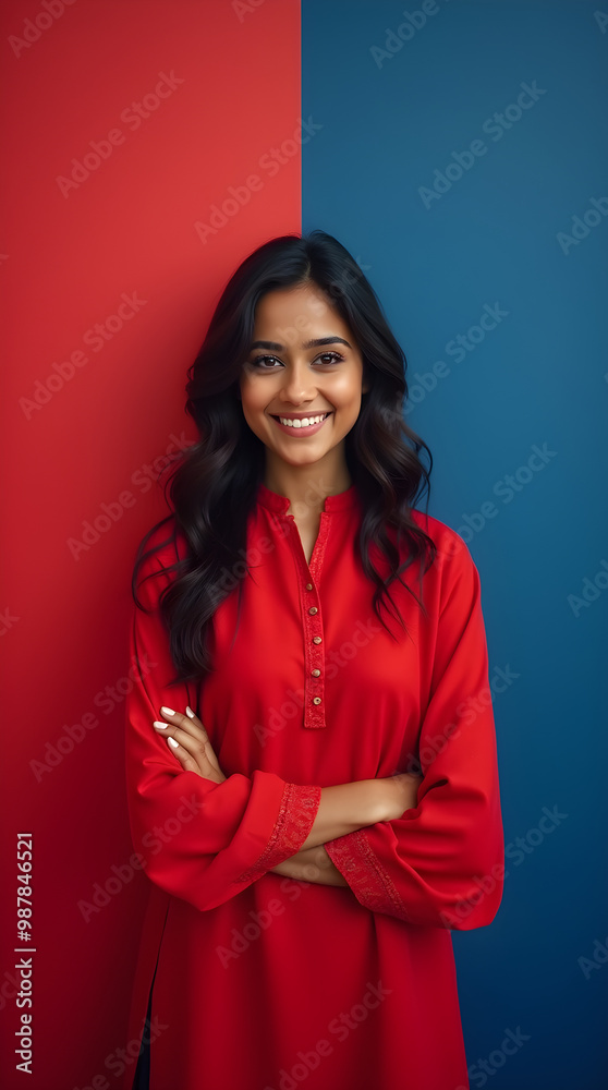 Smiling Indian Woman in Red Kurta with Crossed Arms Smiling Indian Woman in Red Kurta with Crossed Arms