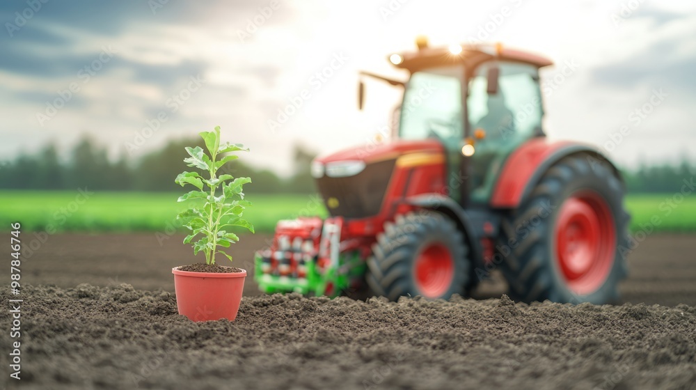 Obraz premium Farmers standing beside a tractor equipped with soil testing equipment, modern farming in progress, [soil testing machinery], [technology in agriculture]