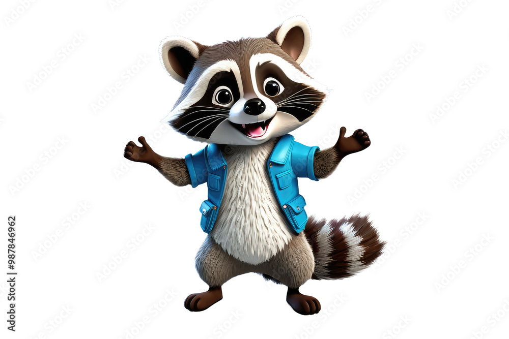 Obraz premium Cartoon raccoon, full body, depicted in 3D isometric art, exuding happiness, centered, isolated against a pristine white background, quality akin to a professional stock photograph, ultra-clear