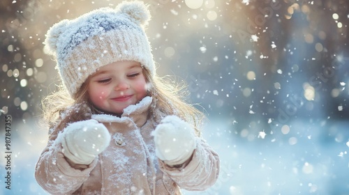 Happy child playing with snow in park composition background photo