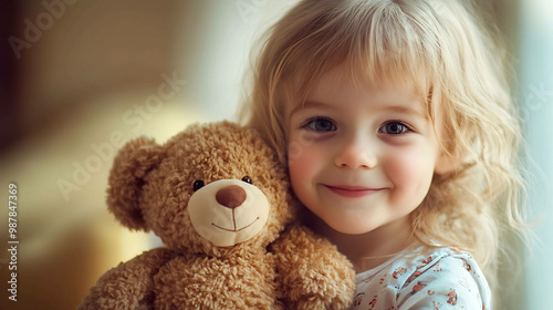 A young girl smiles sweetly while hugging her teddy bear.