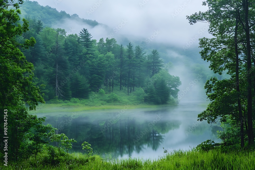 Misty Morning Landscape with River and Lush Green Forest Misty Morning Landscape with River and Lush Green Forest