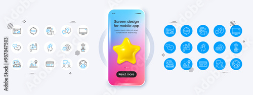 Pickup, People chatting and Lightning bolt line icons. Phone mockup with 3d star icon. Pack of Roller coaster, Computer, Map icon. Approved, 24h service, Credit card pictogram. Vector