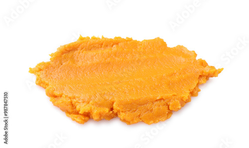 Delicious mashed sweet potatoes isolated on white