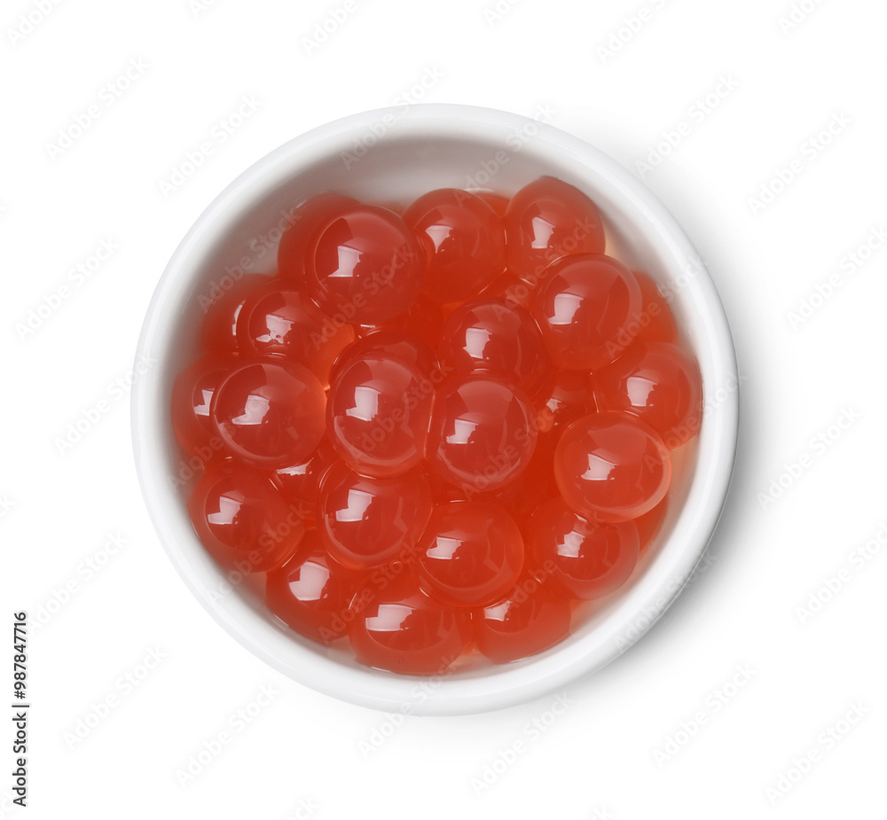 Bright tapioca pearls in bowl isolated on white, top view Bright tapioca pearls in bowl isolated on white, top view