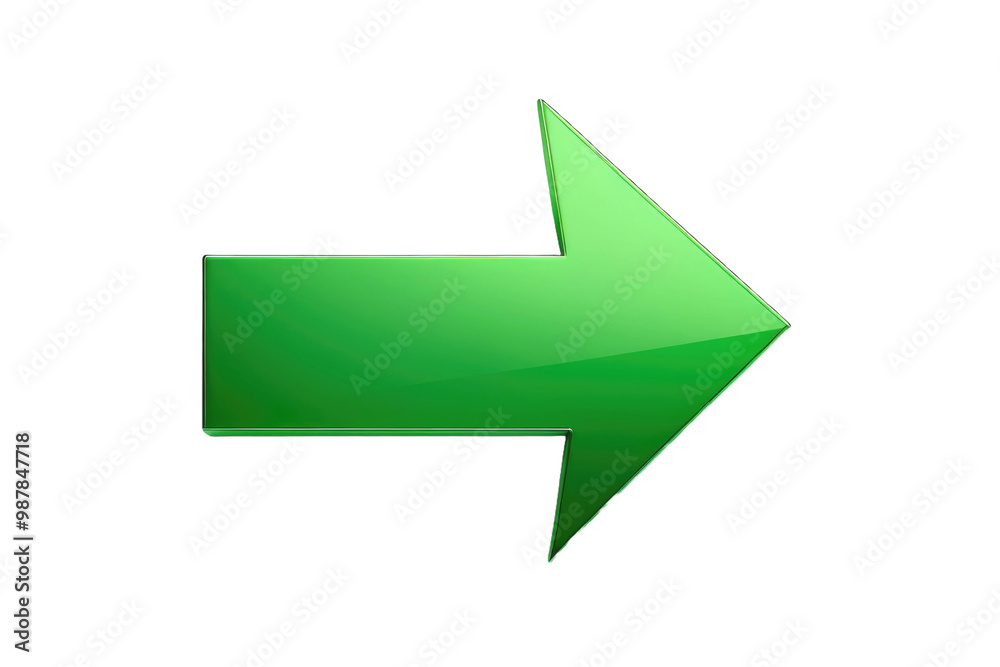 Green 3D arrow pointing right, high-key lighting, cleanly cut out, isolated on pristine white background, stock photograph, ultra clear, realistic