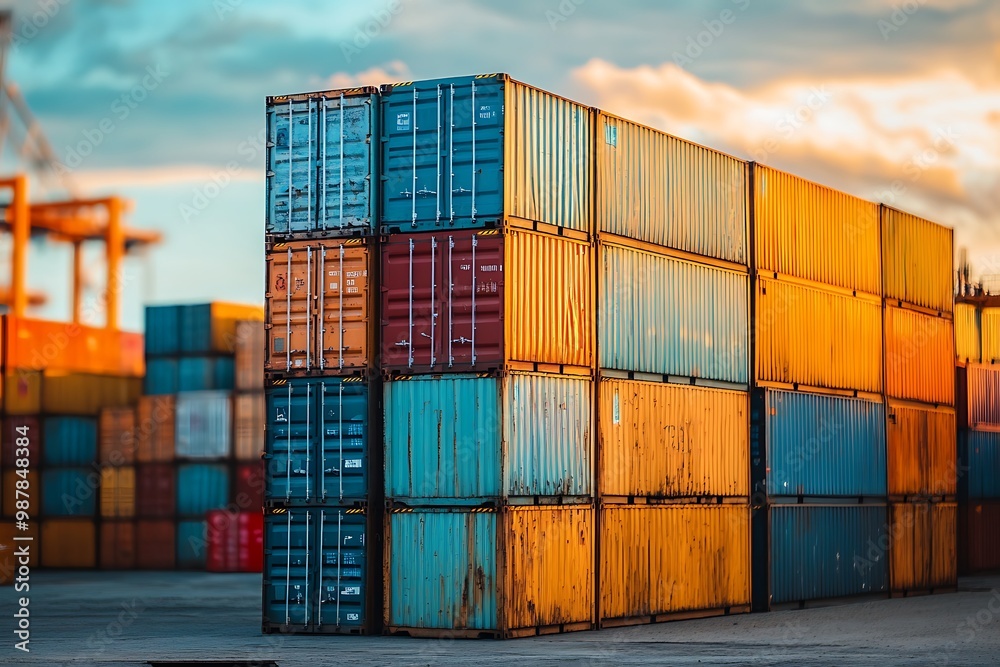 Fototapeta premium Shipping containers stacked at port, sunset sky, global logistics and transportation