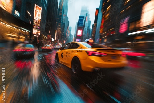 A vibrant yellow taxi speeds through a rainy New York City. The city lights reflect off the wet streets. The dynamic movement captures urban life perfectly. Generative AI