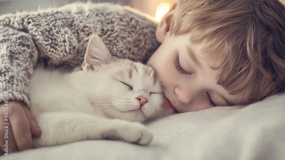 Child sleeping with cat pet composition background Child sleeping with cat pet composition background