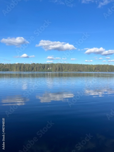 beautiful blue lake view, blue sky with white clouds reflections on the lake surface