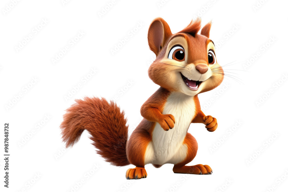 Squirrel, 3D cartoon character, beaming with happiness, full body, centered in frame, neatly cut out, contrasting starkly against a pure white background, designed for high-quality stock photo Squirrel, 3D cartoon character, beaming with happiness, full body, centered in frame, neatly cut out, contrasting starkly against a pure white background, designed for high-quality stock photo