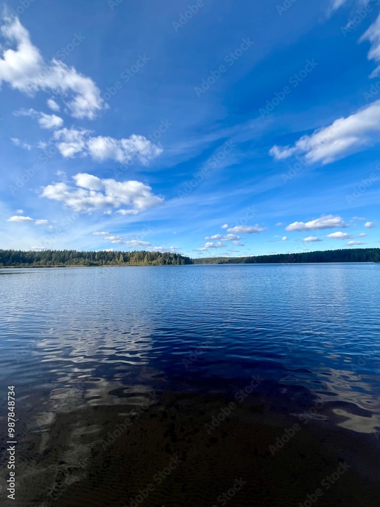 Fototapeta premium beautiful blue lake view, blue sky with white clouds reflections on the lake surface