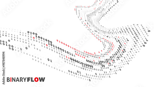 Binary flow. Digital stream with perspective black and red ones and zeros. Vector graphic pattern