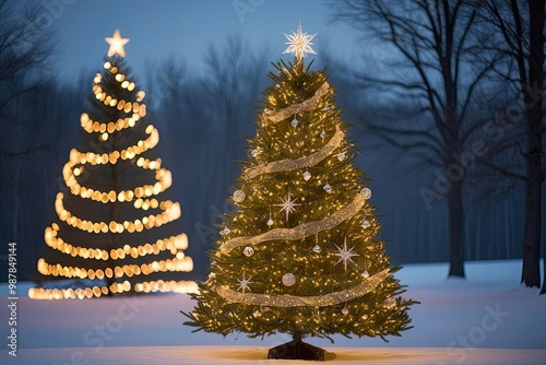 Enchanting Christmas Tree Shining with Sparkling Decorations in a Softly Blurred Winter Landscape