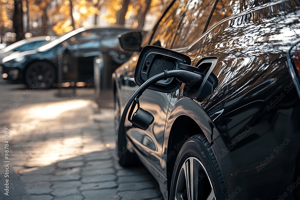 Electric Car Charging on Street with Cable Connected Electric Car Charging on Street with Cable Connected