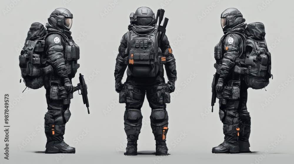 Futuristic Soldier in Black Tactical Gear with Weapons and Backpack Futuristic Soldier in Black Tactical Gear with Weapons and Backpack