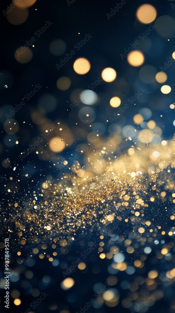Glittering golden particles create a magical atmosphere in a dark setting with soft lighting