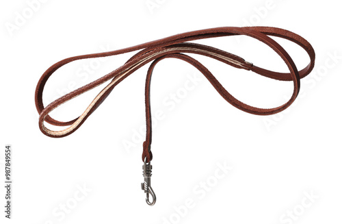 Brown leather dog leash isolated on white photo