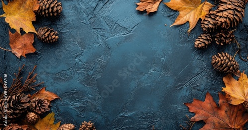 Autumn leaves and pine cones arranged on a textured blue background in fall d...