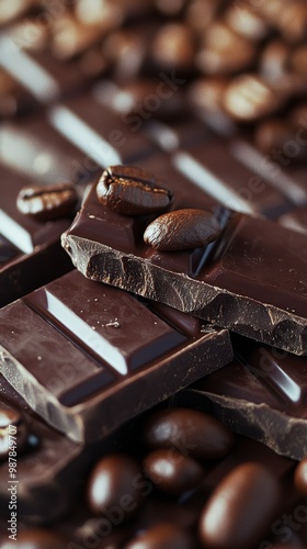 Indulgent dark chocolate surrounded by coffee beans on a wooden surface in th...