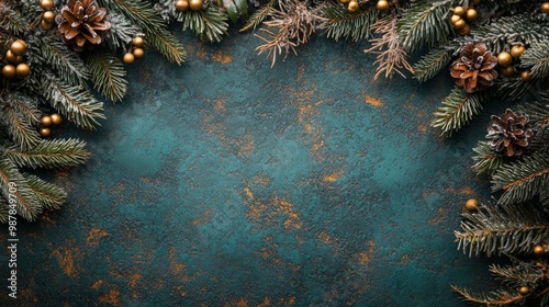 A winter arrangement of pine branches and cones on a textured teal background...