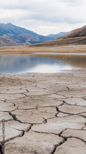 Dried cracked earth near a serene lake bordered by mountains on a cloudy day