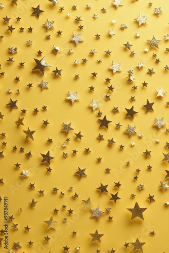 Golden stars scattered across a bright yellow background create a festive atm...