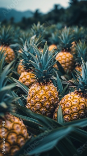 Pineapple plants growing robustly in a tropical farm during the early morning light