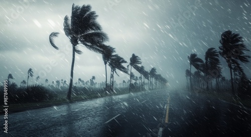 Stormy weather brings heavy rain and strong winds along a coastal road lined ...