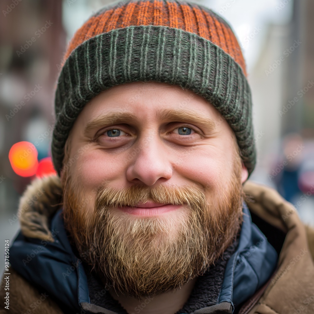 This cheerful man with a beard and beanie embraces the holiday spirit outside on Boxing Day This cheerful man with a beard and beanie embraces the holiday spirit outside on Boxing Day