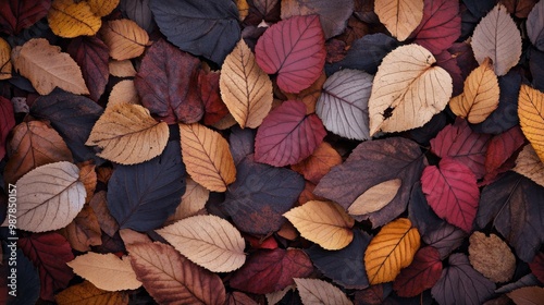 Colorful autumn leaves scattered on the forest floor during a bright fall day
