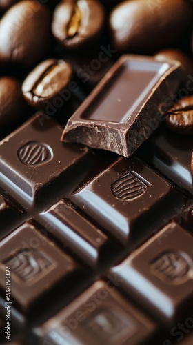 Indulgent dark chocolate surrounded by coffee beans on a wooden surface in th...