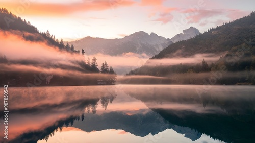 Tranquil Sunrise Over Misty Mountains.