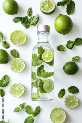 Refreshing water infused with mint and lime on a clean background with green ...