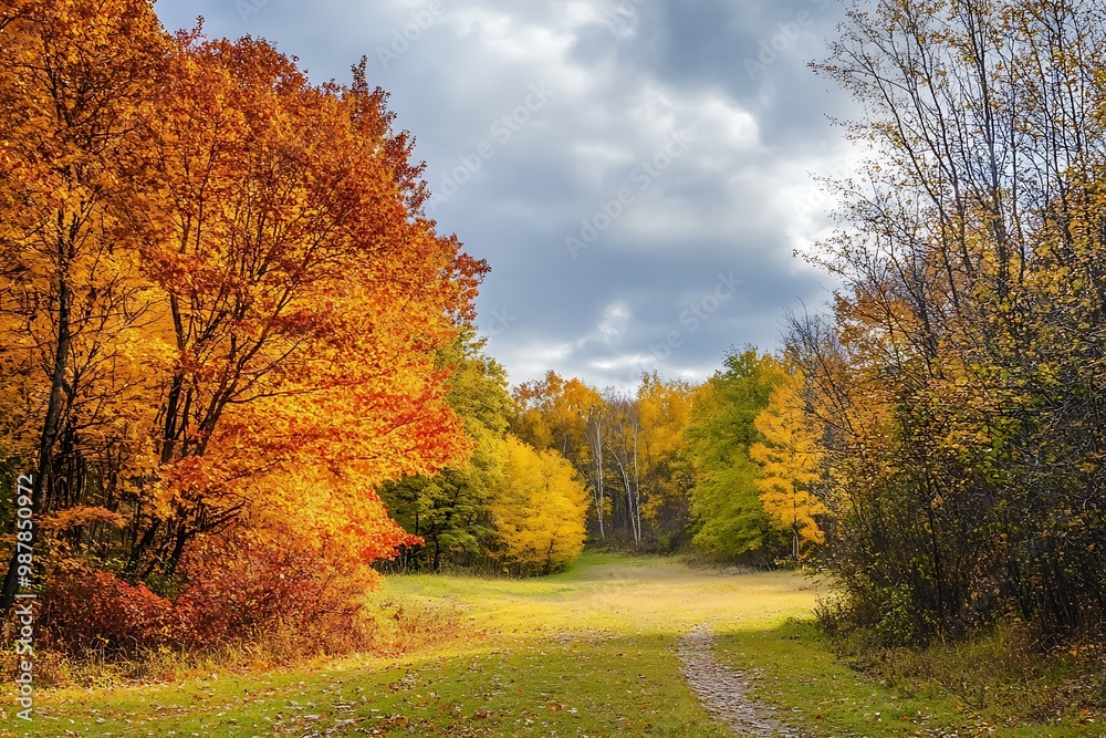 Path Through Autumn Forest with Golden Leaves and Cloudy Sky Path Through Autumn Forest with Golden Leaves and Cloudy Sky