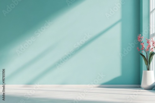 Brightened interior with turquoise walls and sunlight streaming through large...
