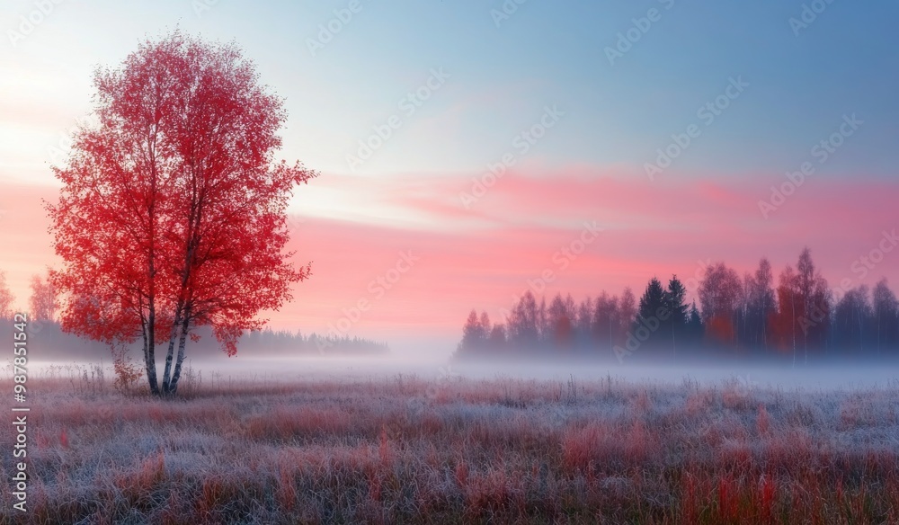 A solitary red tree stands amidst a misty field at sunrise in early autumn A solitary red tree stands amidst a misty field at sunrise in early autumn