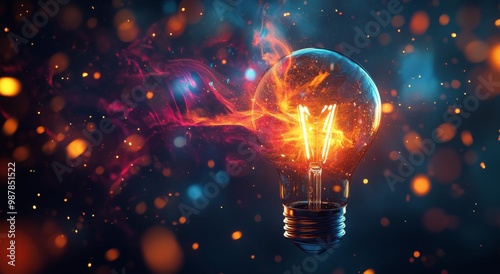 A glowing light bulb surrounded by colorful sparks and abstract elements in a...