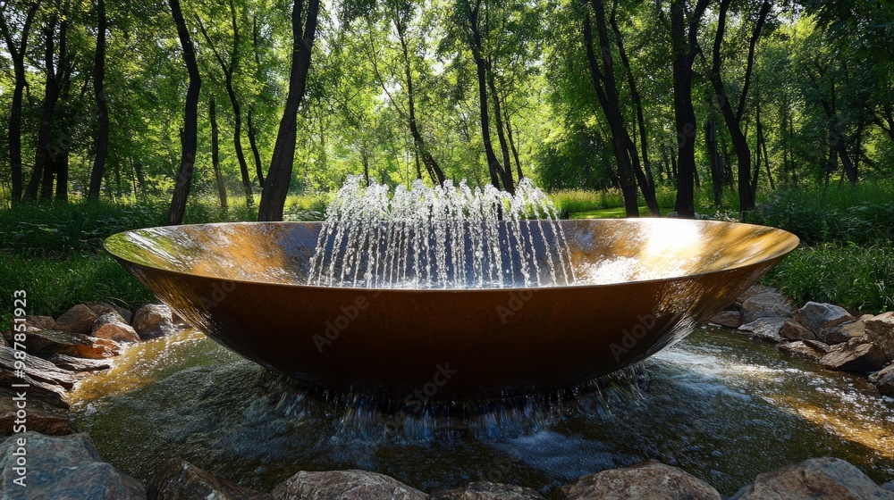 Waterfall flows in streams into granite bed of artificial river. Fountain 'Infinity' in form of huge bowl. Public landscape park 'Krasnodar' or 'Galitsky park' Waterfall flows in streams into granite bed of artificial river. Fountain 'Infinity' in form of huge bowl. Public landscape park 'Krasnodar' or 'Galitsky park'