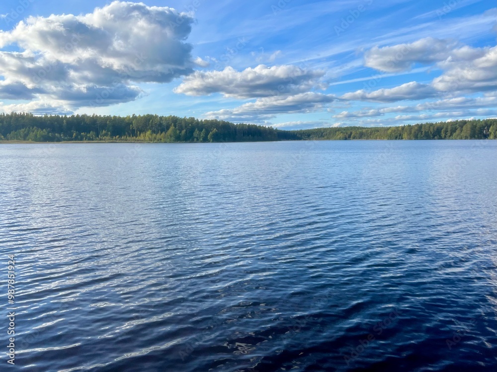 beautiful blue lake view, blue sky with white clouds reflections on the lake surface