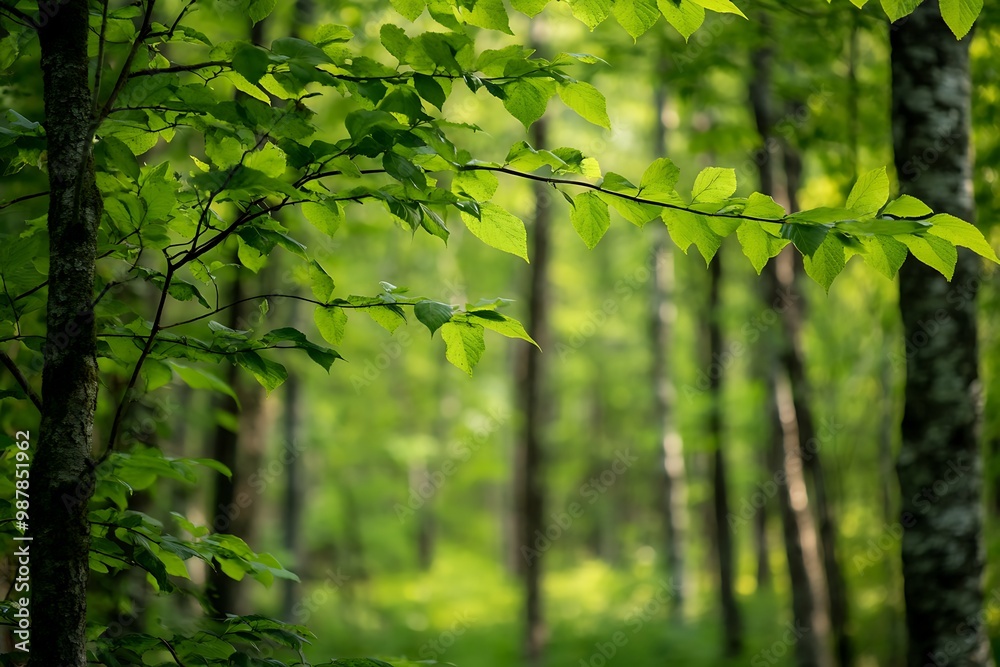 Fototapeta premium Sunlight through green leaves in lush summer forest, nature background