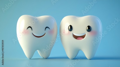 Cute smiling 3d tooth characters composition background