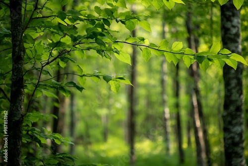 Sunlight through green leaves in lush summer forest, nature background