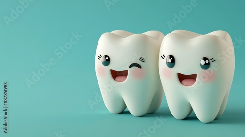 Cute smiling 3d tooth characters composition background