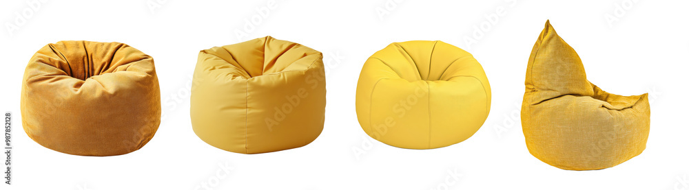 Realistic yellow mustard plain beanbag bean bag seat chair, on transparent background, PNG. Clipart template set collection