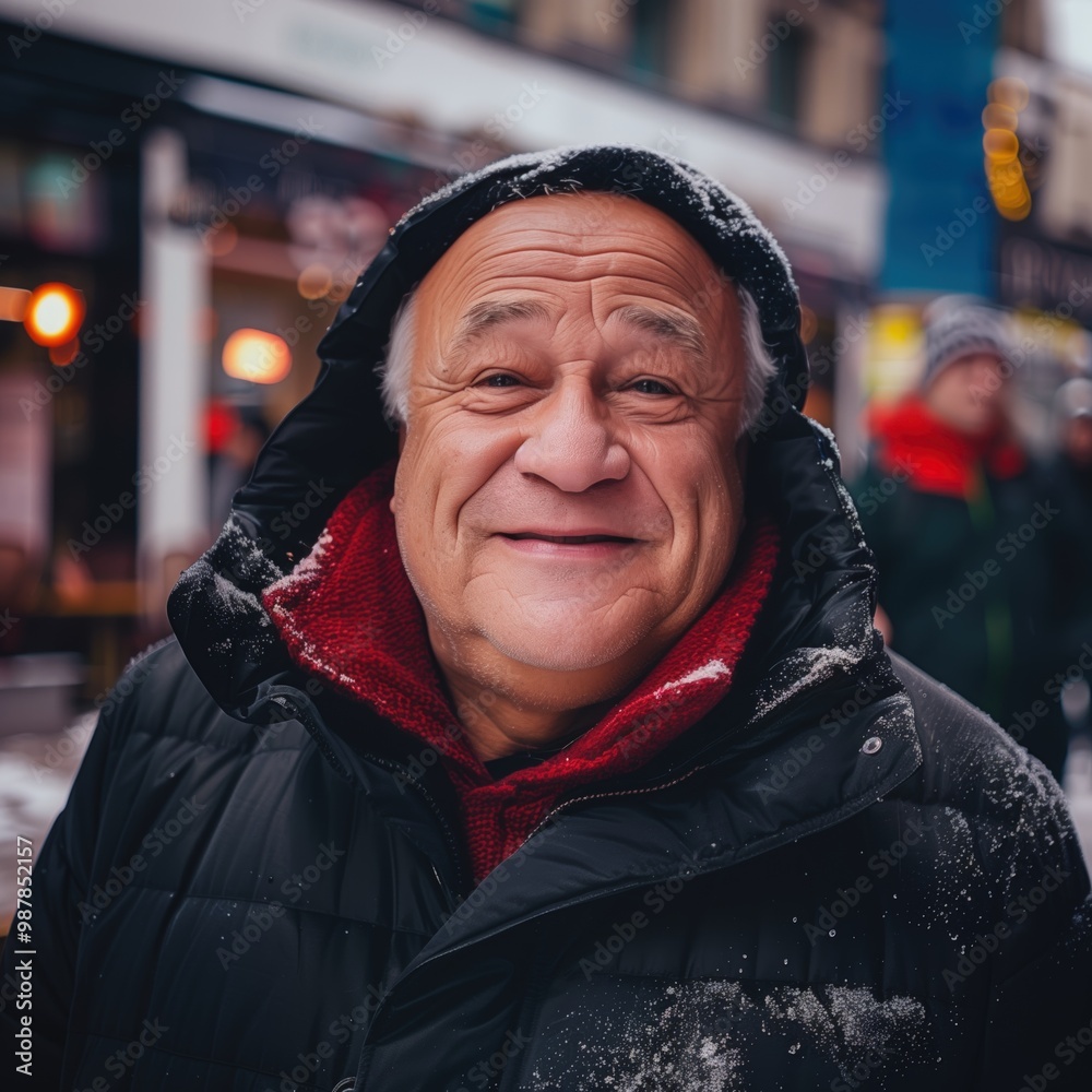 An elderly man smiles warmly in his cozy jacket, enjoying the snowy Boxing Day An elderly man smiles warmly in his cozy jacket, enjoying the snowy Boxing Day
